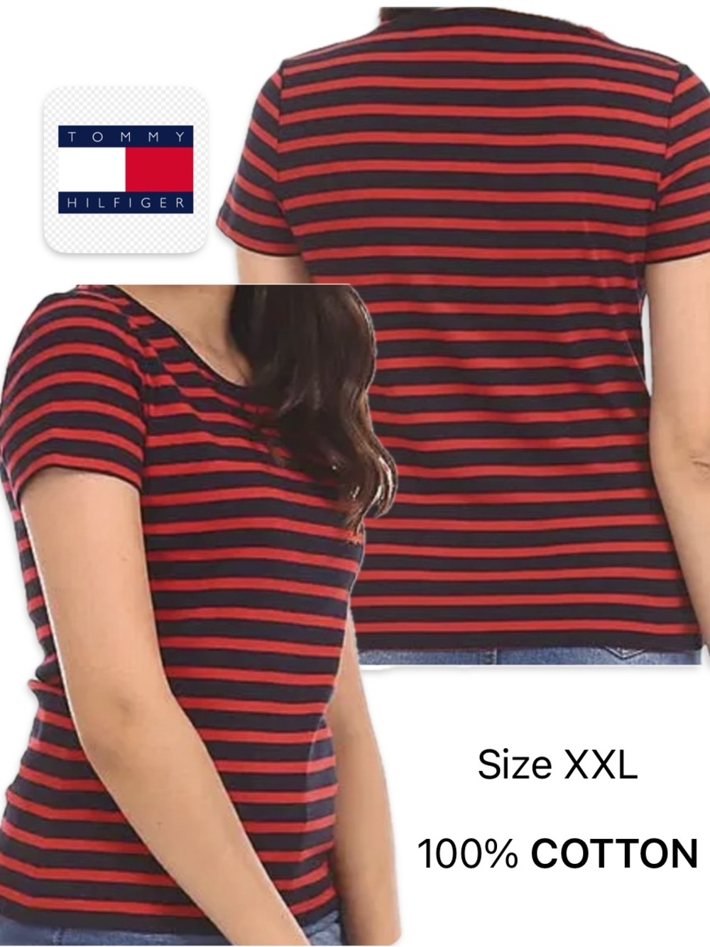 Tommy Hilfiger Red & Navy Striped Cotton Tee - Size XXL
